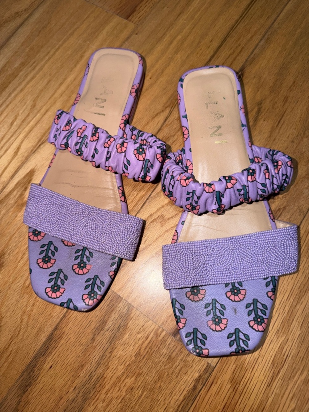 Lani Lavender Floral Ruched Strap Slide Sandals